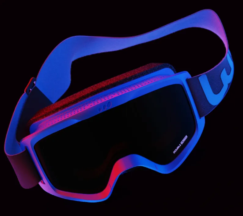 Render of the goggles lit blue and magenta, alternate angle