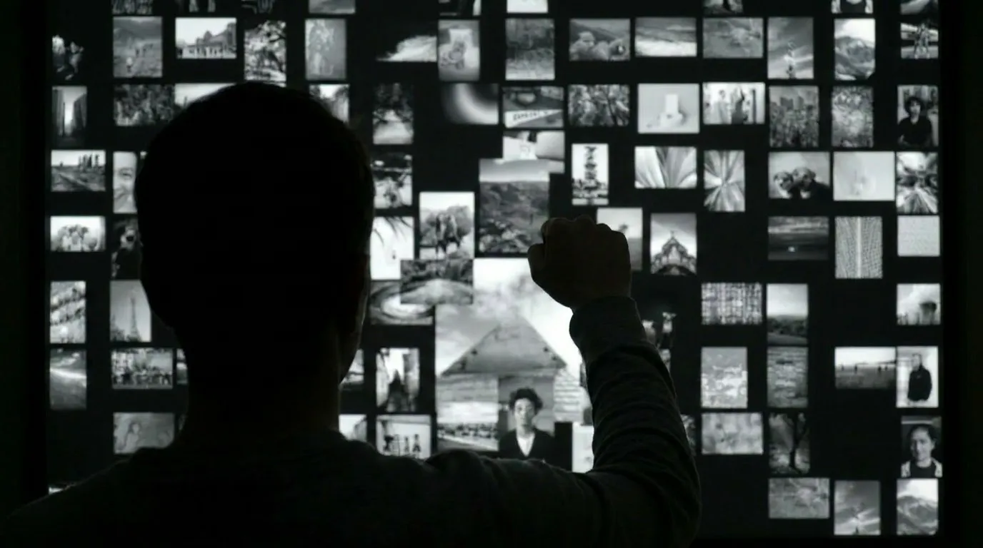 A person reaching into a wall of projected photographs