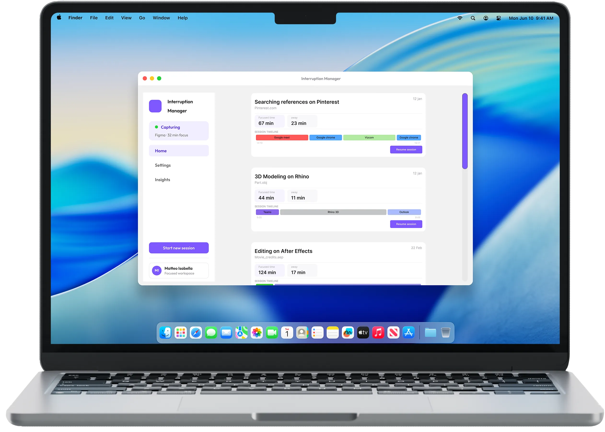A laptop showing the Mind interruption-manager interface capturing an active work session