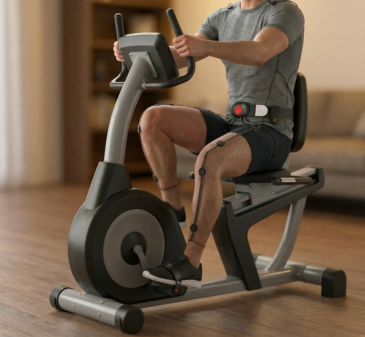 A person exercising on a recumbent FES bike while wearing the Talaris belt