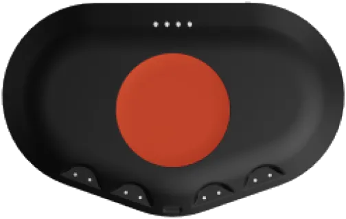 Top render of the remote and belt controller: four status LEDs, a central emergency-stop button and magnetic connectors along the base