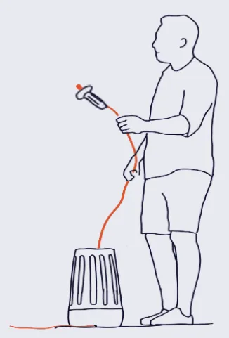 Line sketch of a person extracting the chlorinator pod from the base and connecting the power cable