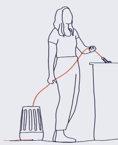 Line sketch of a person dropping the pod into the pool and selecting a power mode